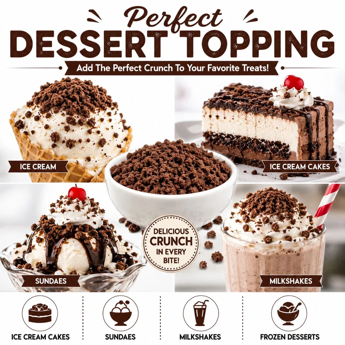 Michele's Pantry Chocolate Crunchies for ice cream, ice cream cakes, sundaes and milkshakes