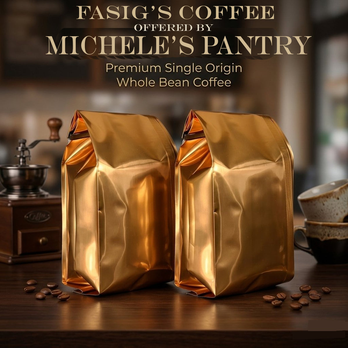 Two metallic gold bags of coffee beans displayed on a wooden table with coffee beans scattered around, a vintage coffee grinder on the left, and a cup on the right, under the text 'FASIG'S COFFEE OFFERED BY MICHELE'S PANTRY'.