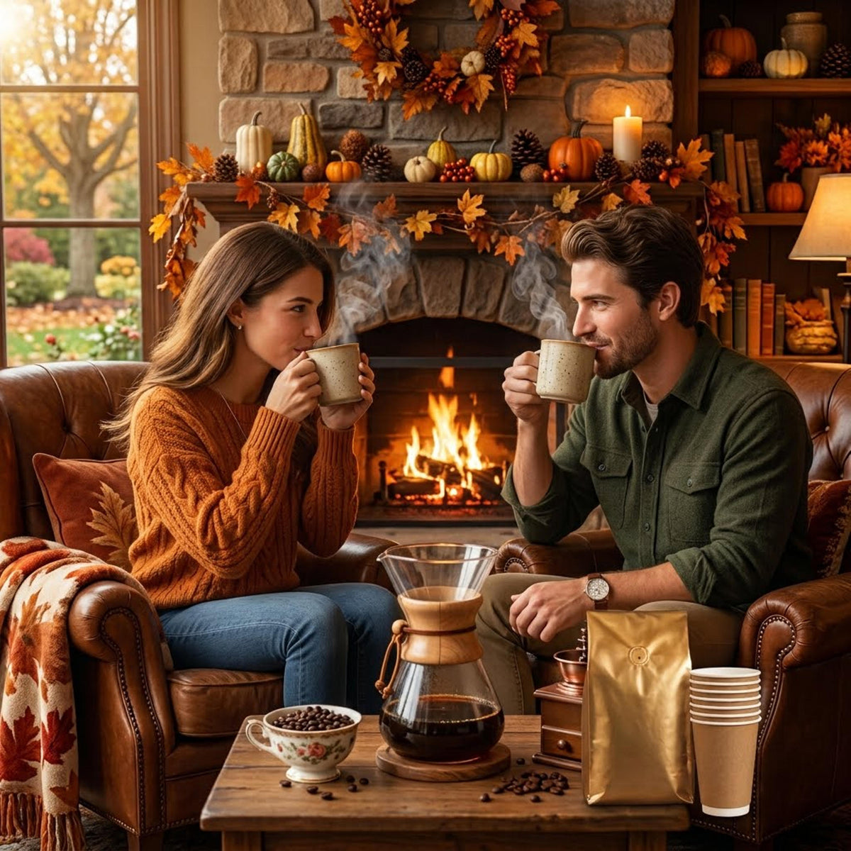 A man and a woman relax in leather armchairs by a lit fireplace, each holding a mug. A coffee maker, coffee beans, and paper cups sit on a wooden table in front of them.