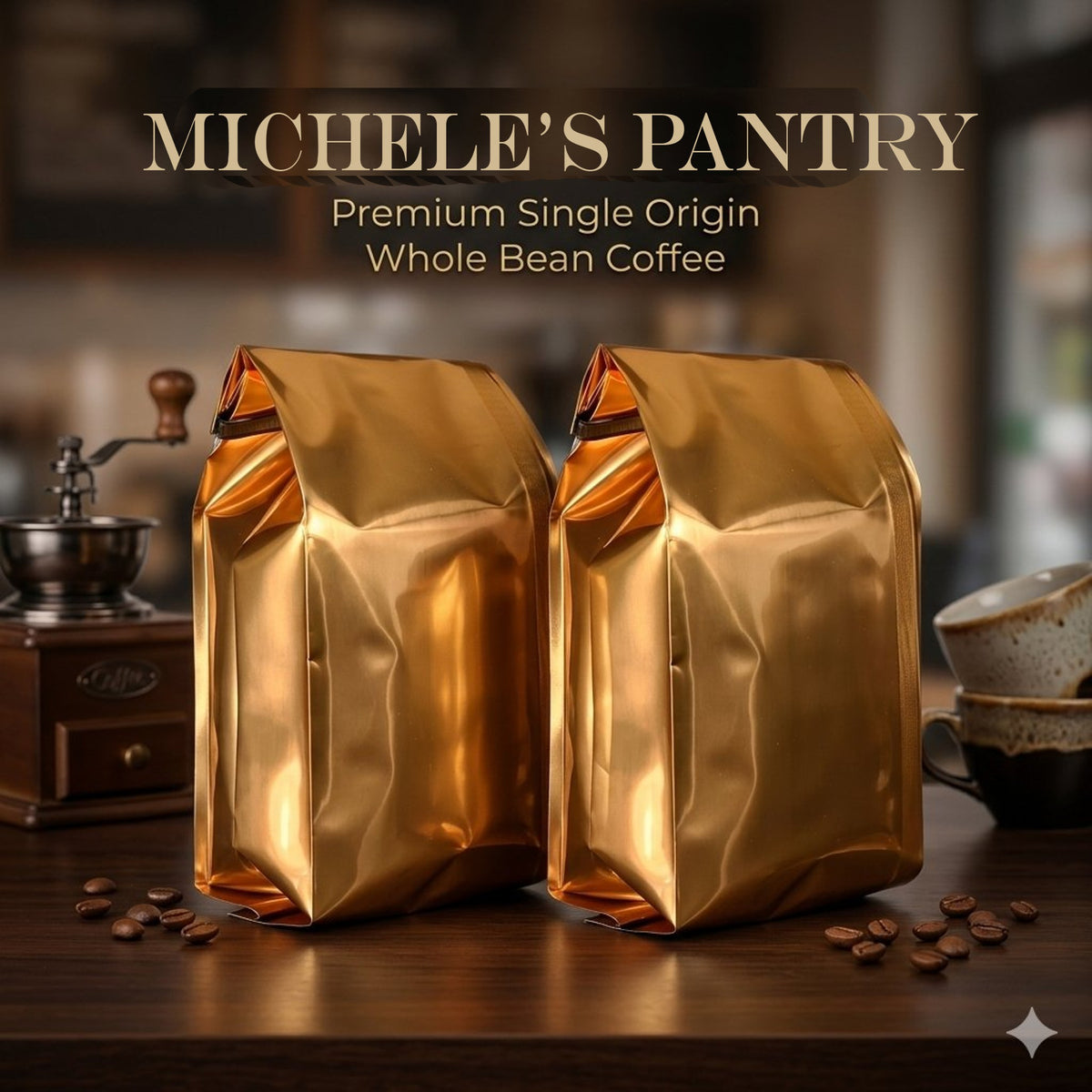 Two metallic gold bags of coffee beans labeled 'Michele's Pantry' on a wooden table, with coffee beans scattered around and a coffee grinder and cups in the background.