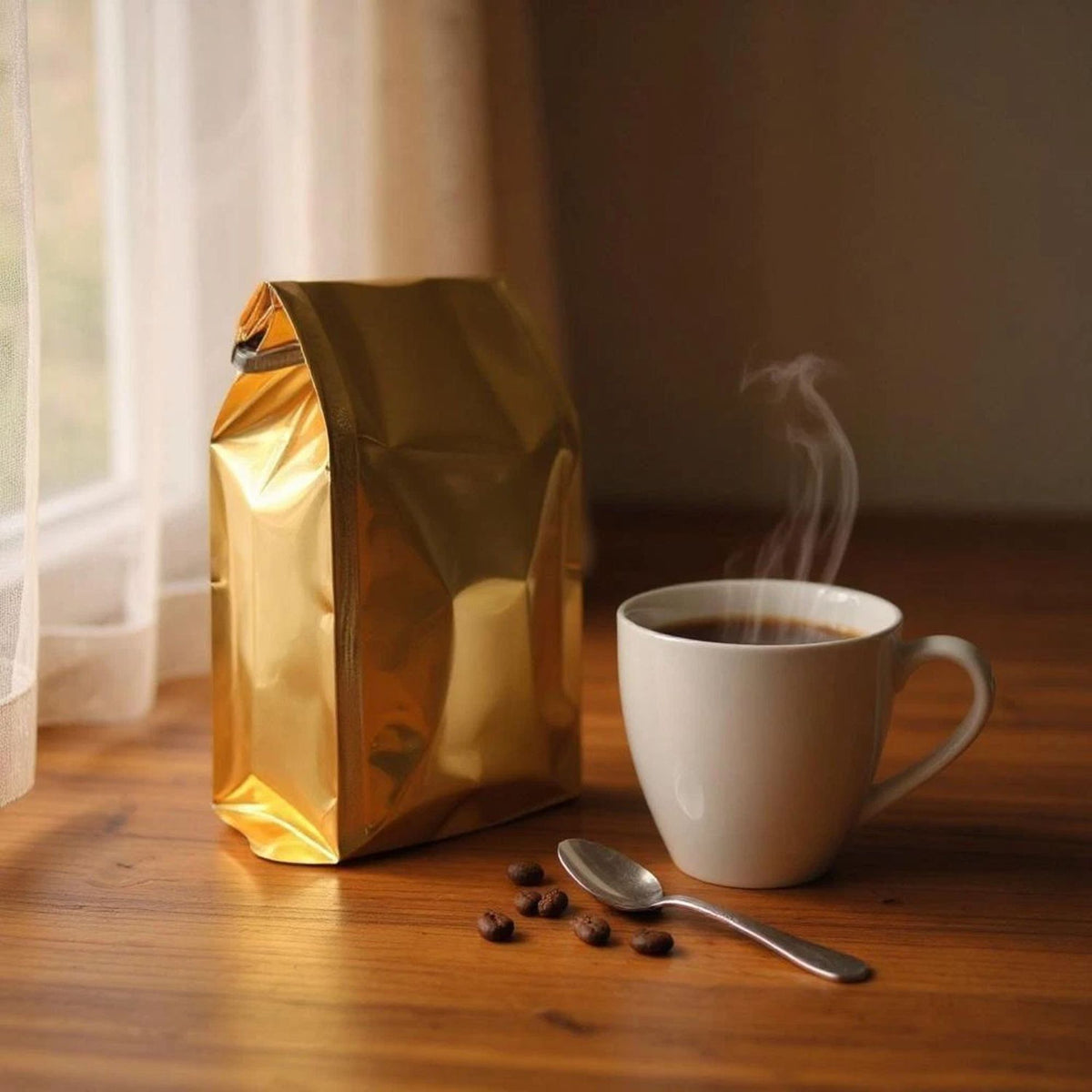 A shiny metallic gold bag of coffee stands on a wooden table beside a white mug of hot coffee with visible steam, with a few coffee beans and a spoon nearby.