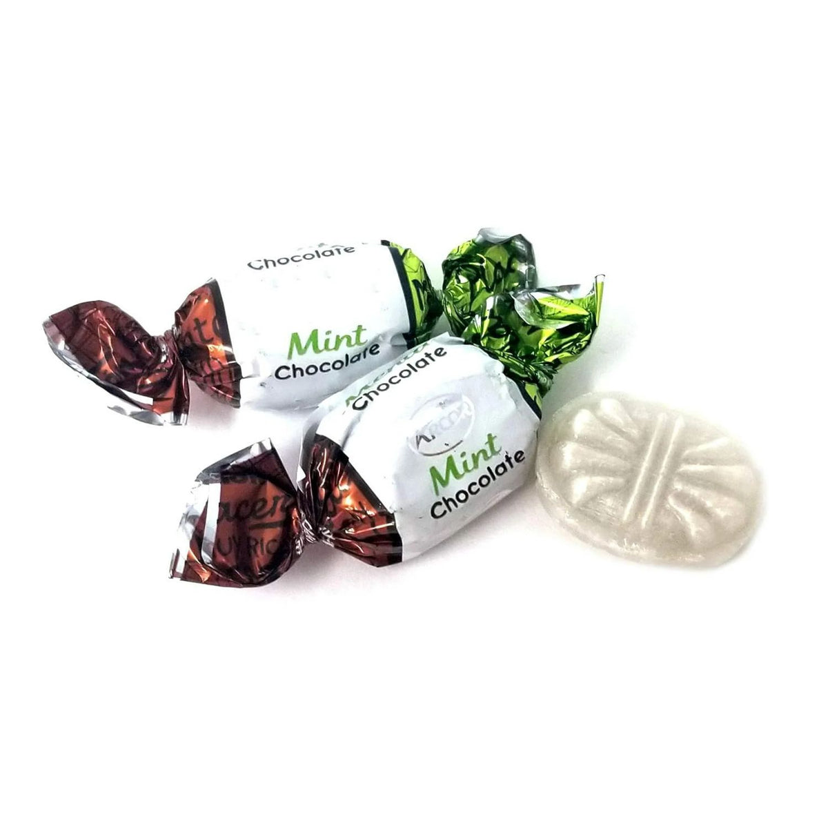 Three wrapped chocolates with silver foil wrappers labeled 'Mint Chocolate' and one unwrapped oval mint candy on a plain white background.
