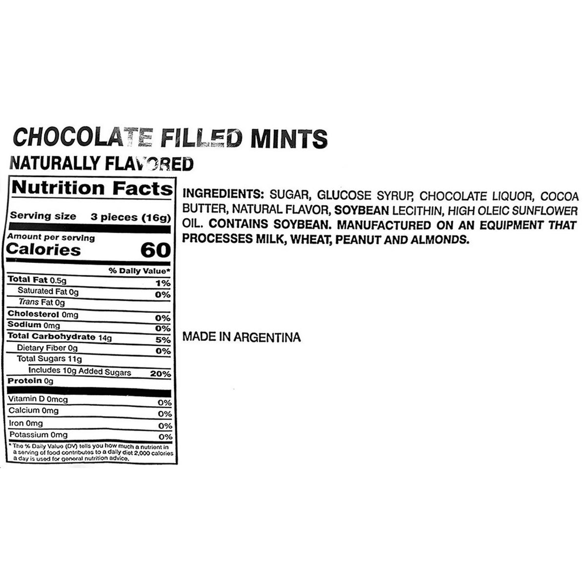 Black and white packaging label for Chocolate Filled Mints, showing the Nutrition Facts panel, ingredients list, and 'Made in Argentina' text.