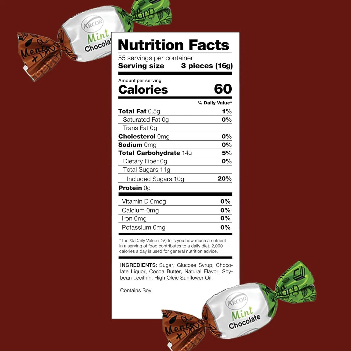 A centered Nutrition Facts label styled like a candy wrapper, surrounded by three chocolate pieces in foil packaging on a dark red background. The label text is legible and includes product details such as calories, fat, sugar, and ingredients
