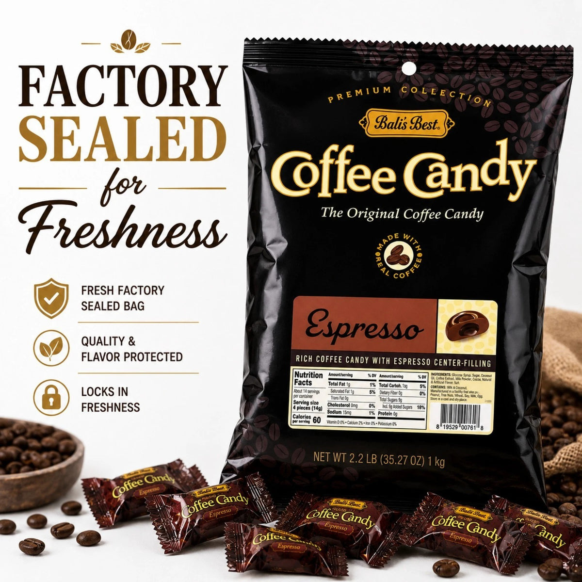 Bali's Best Espresso Coffee Candy Individually Wrapped, 2.2 lb Bulk