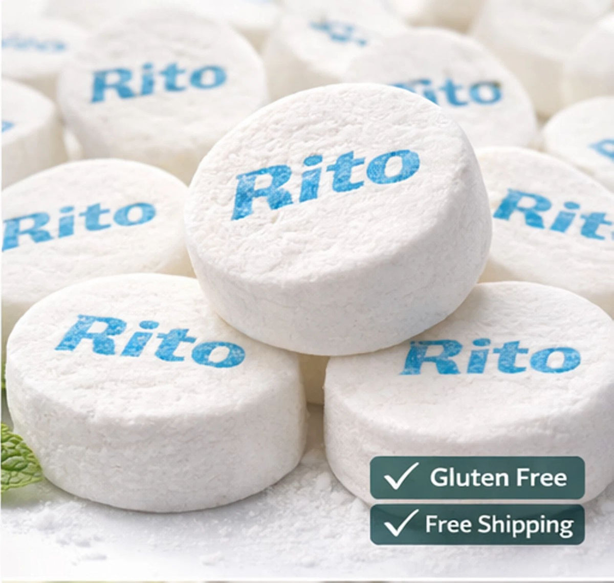 Several white round Rito branded tablets or cookies are arranged closely together on a white surface, with green text badges in the lower right reading 'Gluten Free' and 'Free Shipping'.