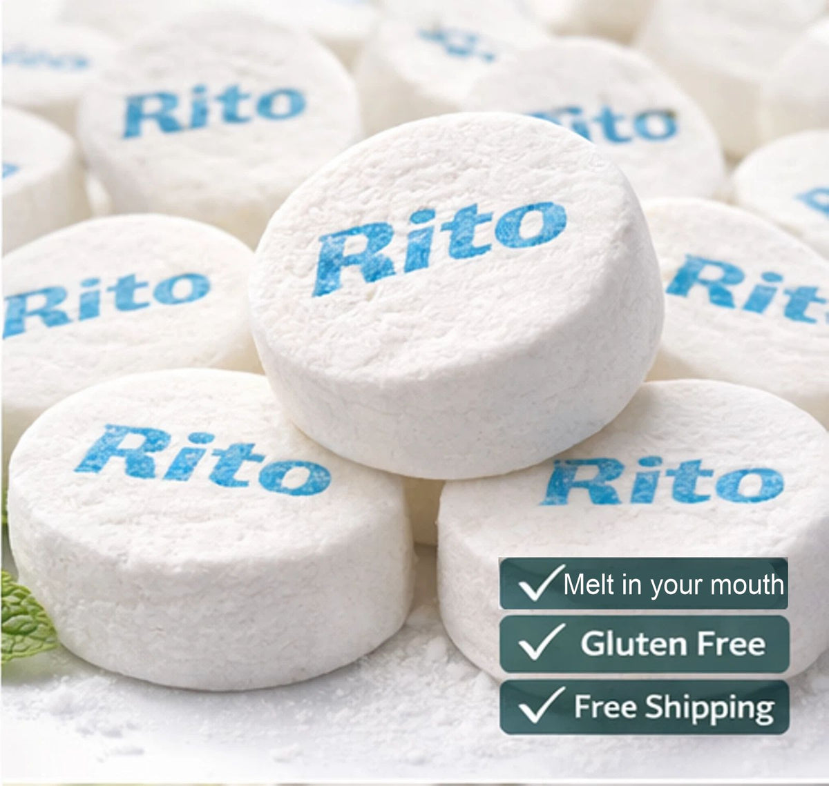 White Rito brand round tablets with blue text, shown in a pile with promotional text overlays on the right.