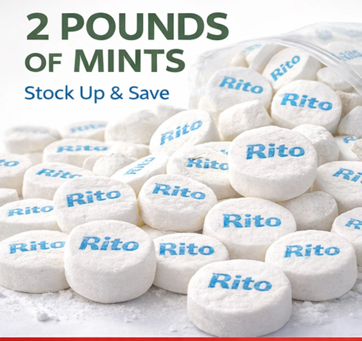 A pile of white oval Rito brand tablets with blue text, photographed close-up on a light background.