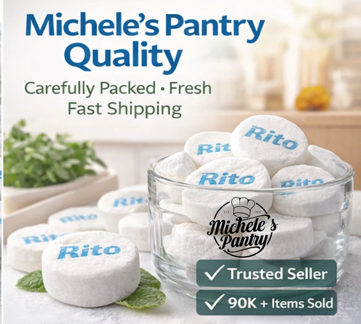 White Rito brand cleansing tablets in a clear glass bowl with several loose tablets and mint leaves on a light countertop. Large text at the top reads 'Michele's Pantry Quality' and a badge at the bottom says 'Trusted Seller' and '90K+ Items Sold'.