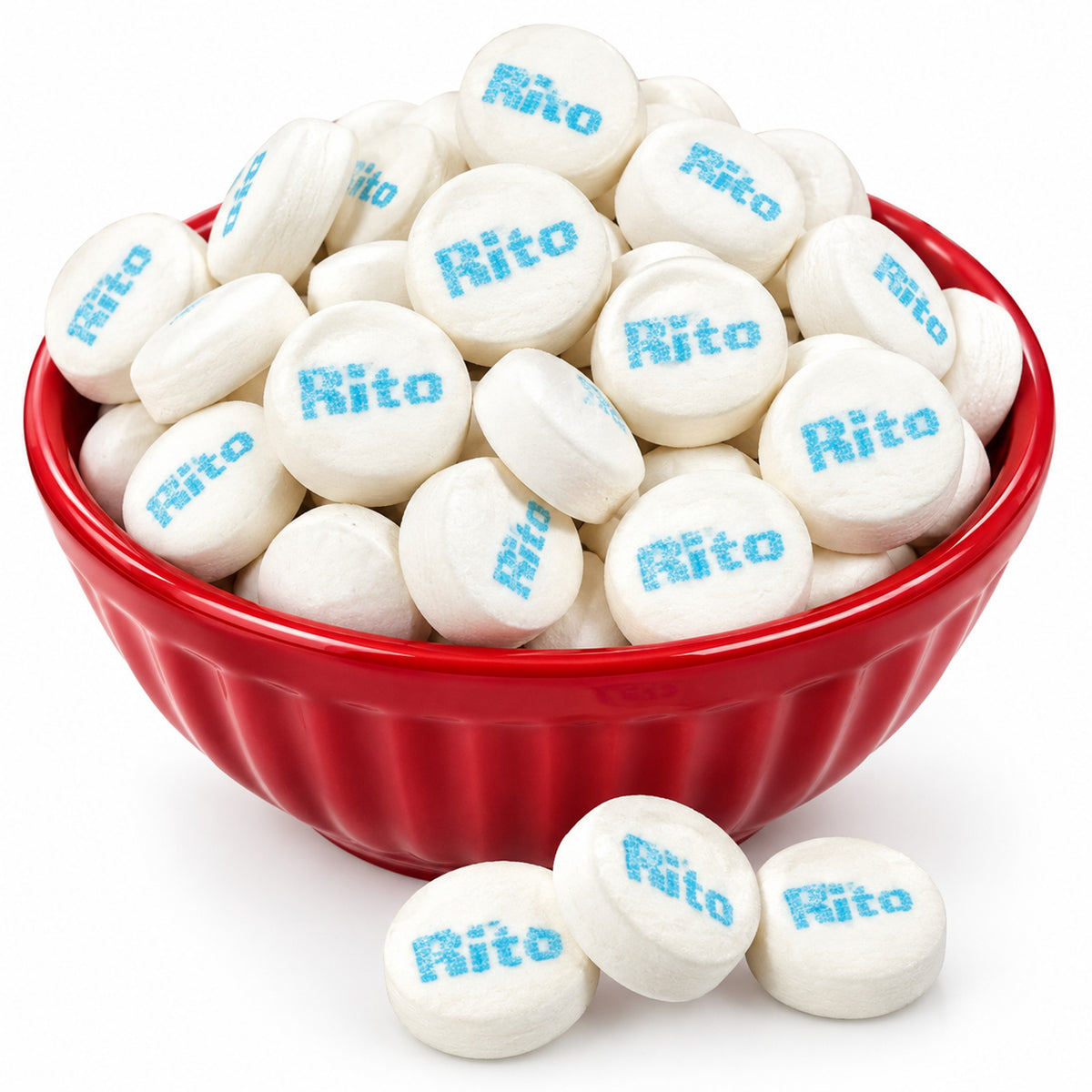 White Rito brand round candies with blue lettering, piled in a red bowl with three candies in front on a white background