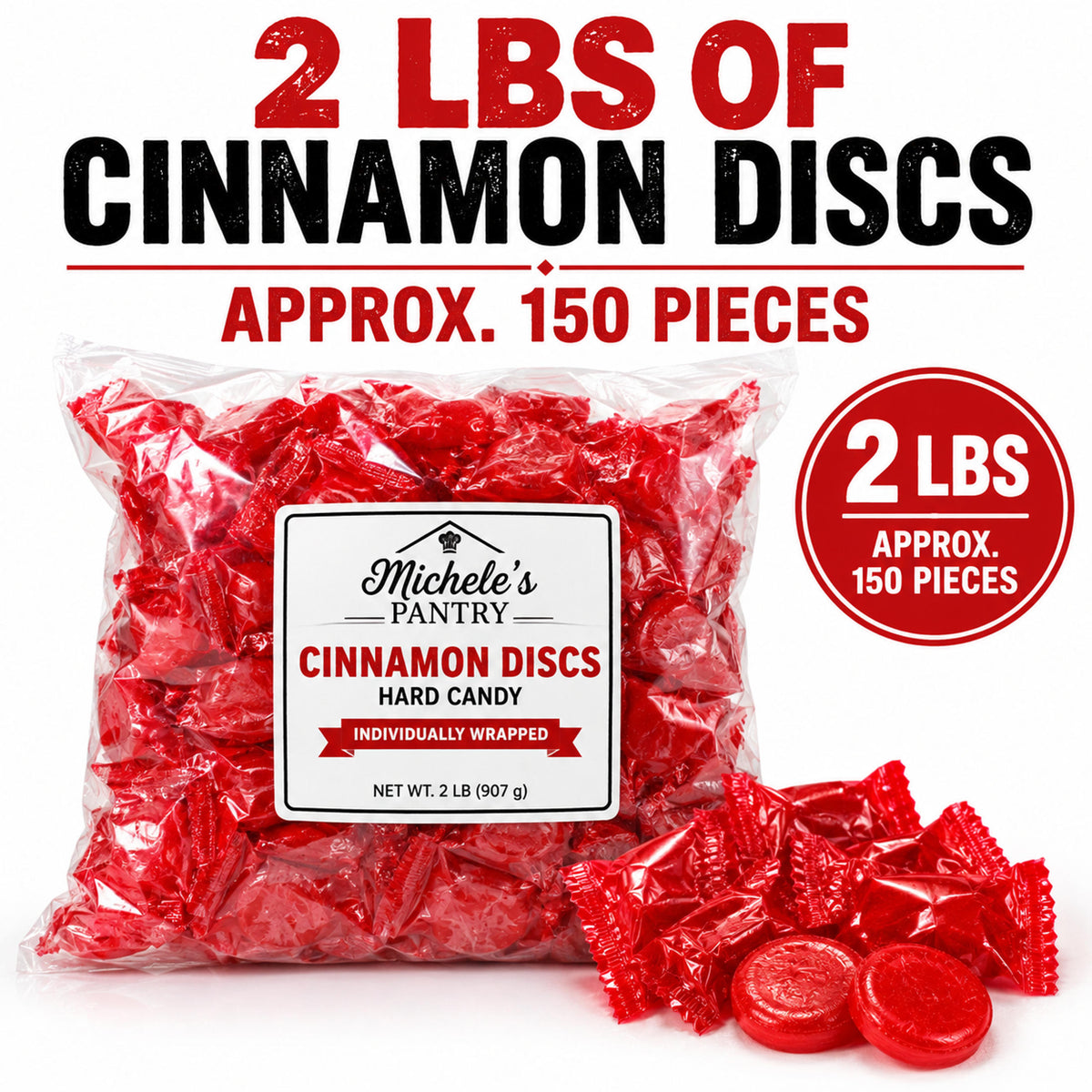 Cinnamon Discs Hard Candy – 4 lb – 2 x 2 lb Bags – Individually Wrapped