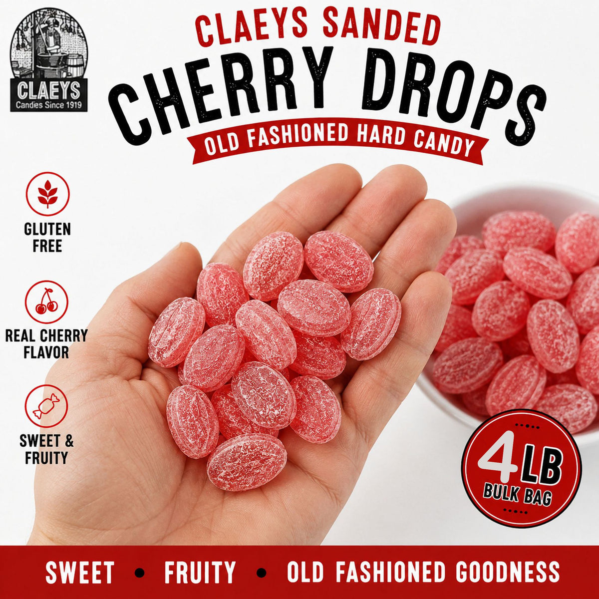 Claeys Sanded Cherry Drops Old Fashioned Nostalgic Candy , 4 lbs
