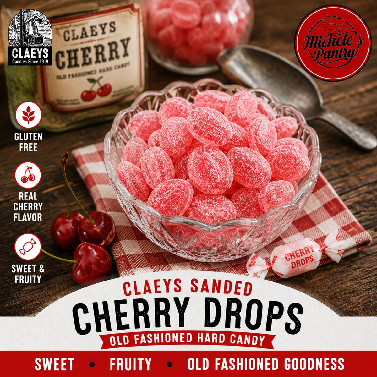 Claeys Sanded Cherry Drops Old Fashioned Nostalgic Candy , 4 lbs