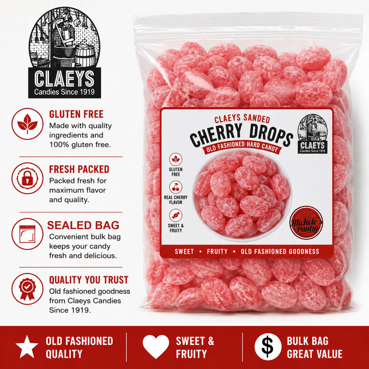 Claeys Sanded Cherry Drops Old Fashioned Nostalgic Candy , 4 lbs