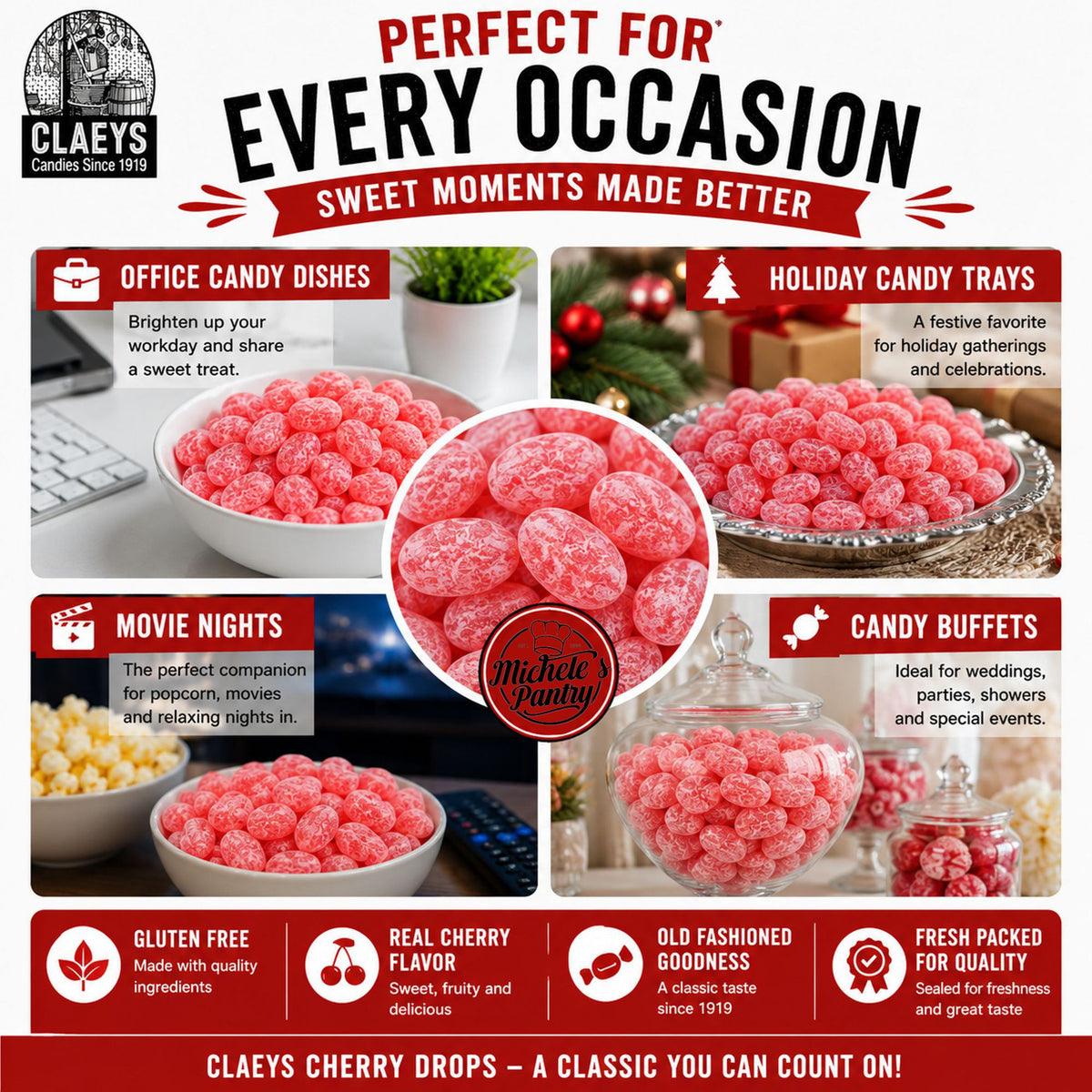 Claeys Sanded Cherry Drops Old Fashioned Nostalgic Candy , 4 lbs