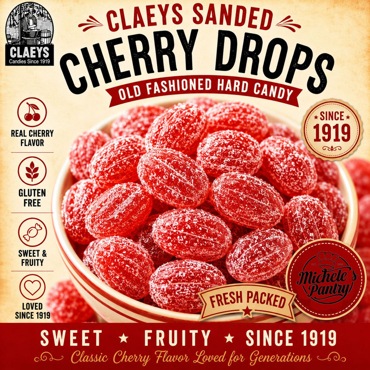 Claeys Sanded Cherry Drops Old Fashioned Nostalgic Candy , 4 lbs