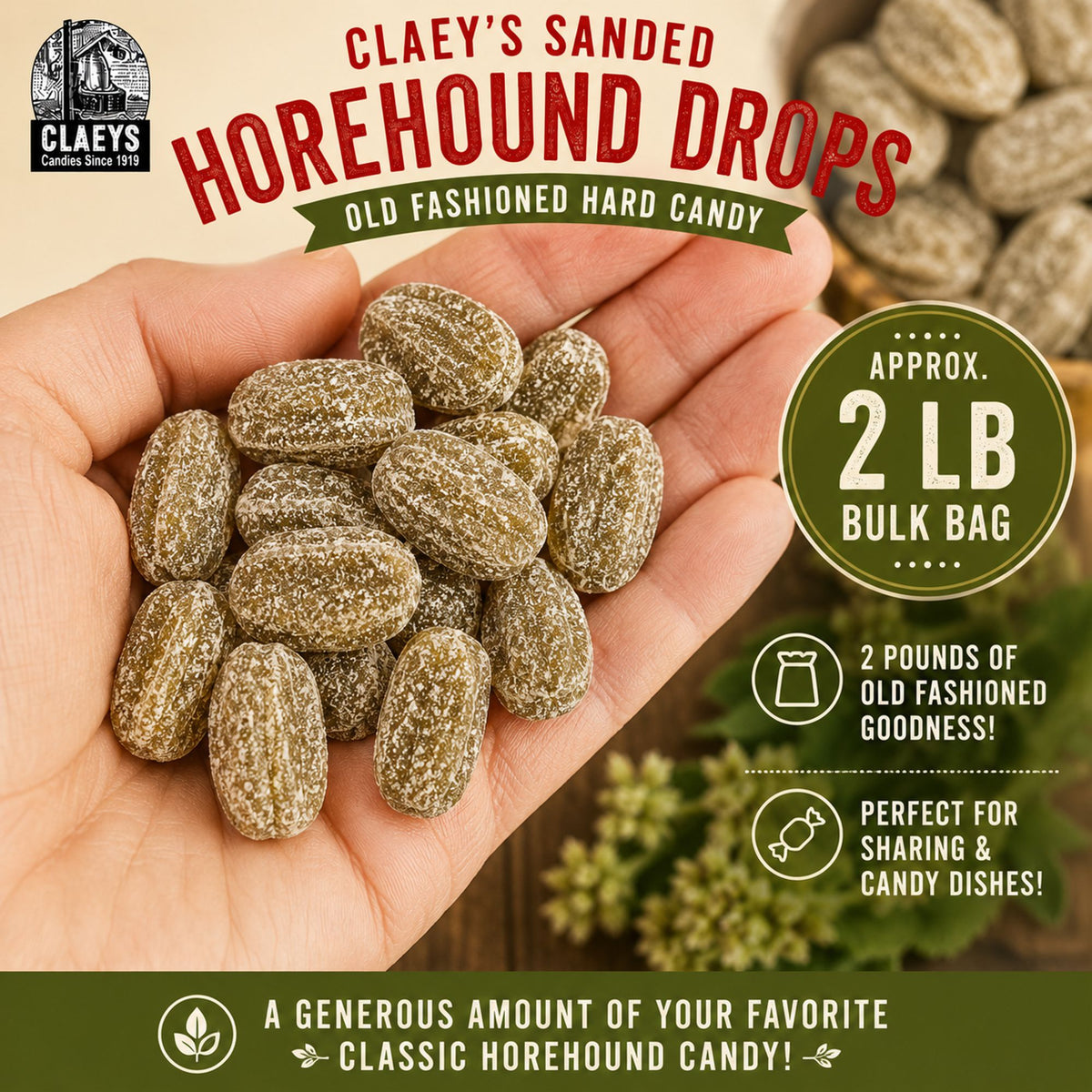 Claeys Sanded Horehound Drops Old Fashioned Hard Candy, 2 lbs