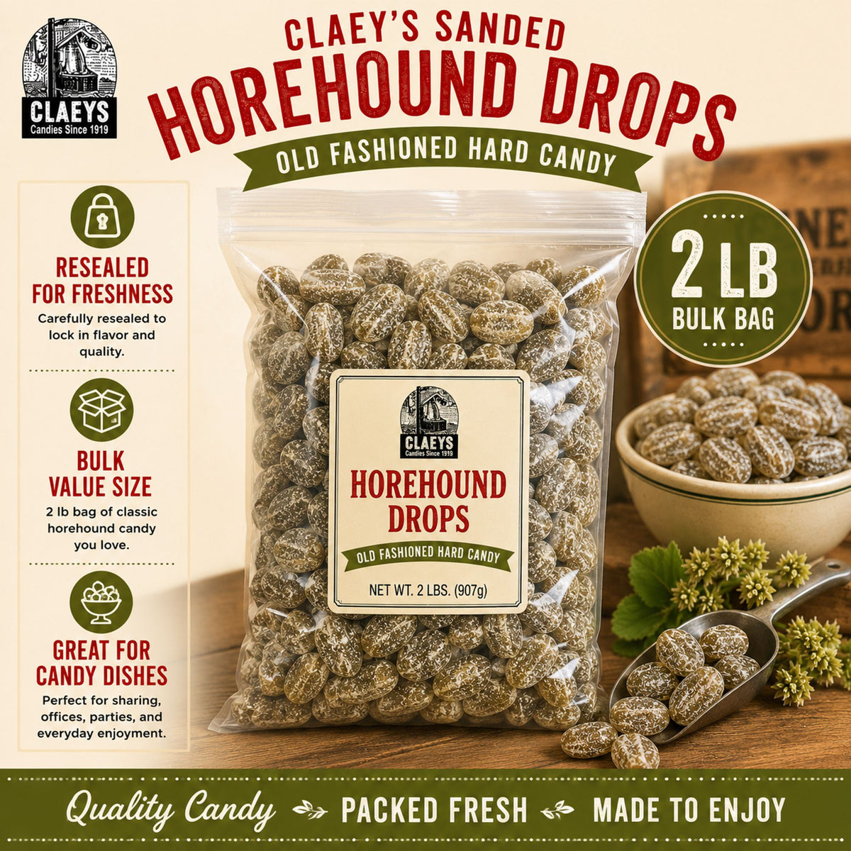 Claeys Sanded Horehound Drops Old Fashioned Hard Candy, 2 lbs