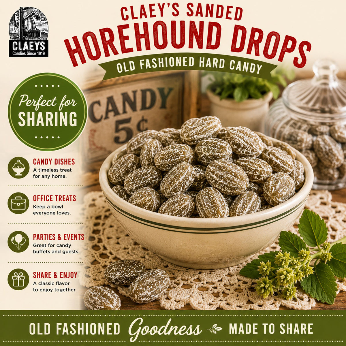 Claeys Sanded Horehound Drops Old Fashioned Hard Candy, 2 lbs