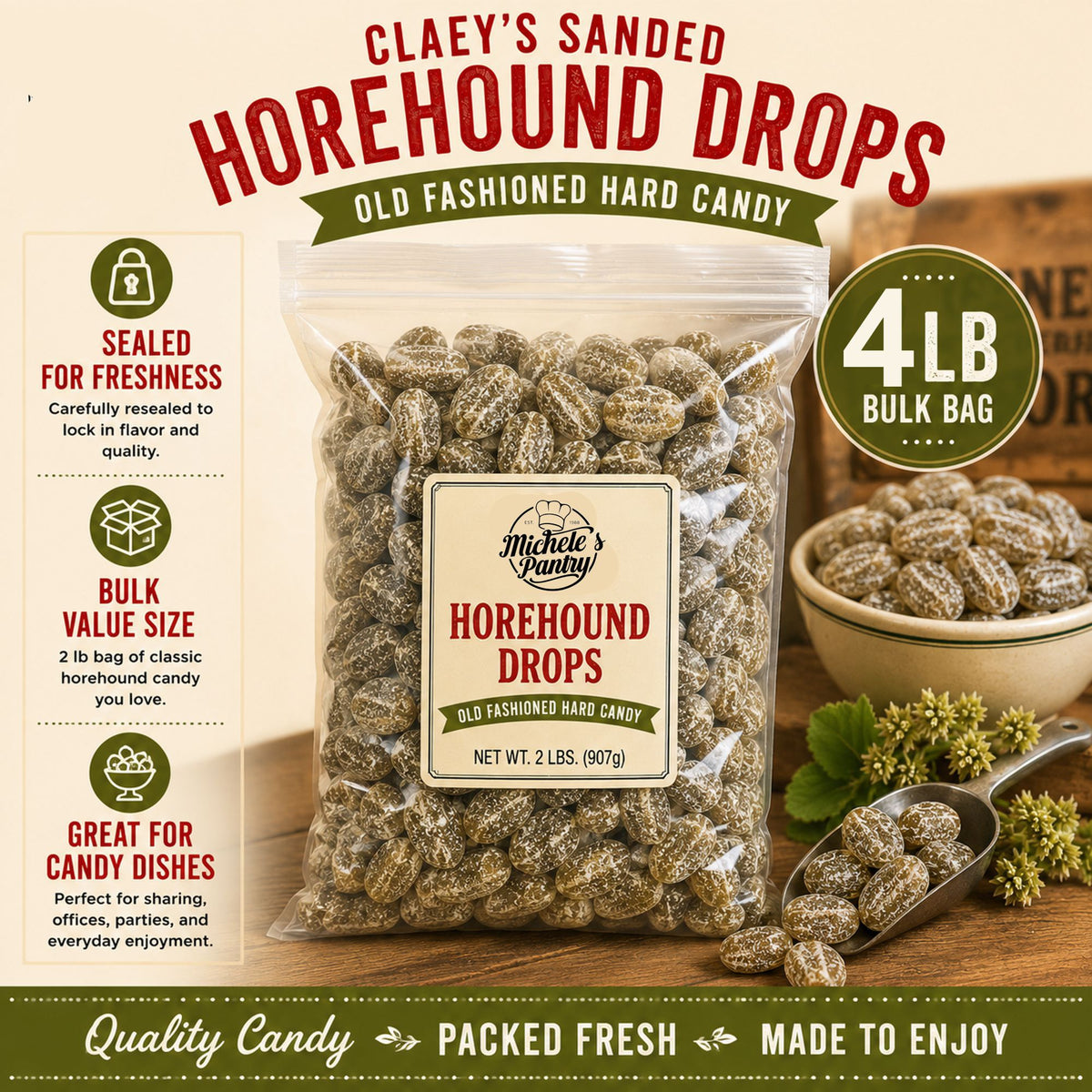 Claeys Sanded Horehound Drops Old Fashioned Nostalgic Candy , 4 lbs