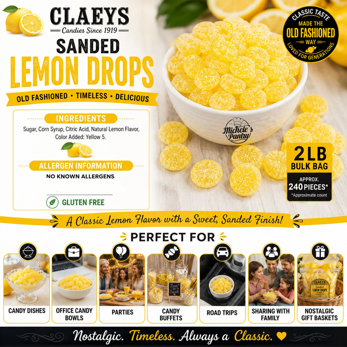 Claeys Sanded Lemon Drops Old Fashioned Hard Candy, 2 lbs
