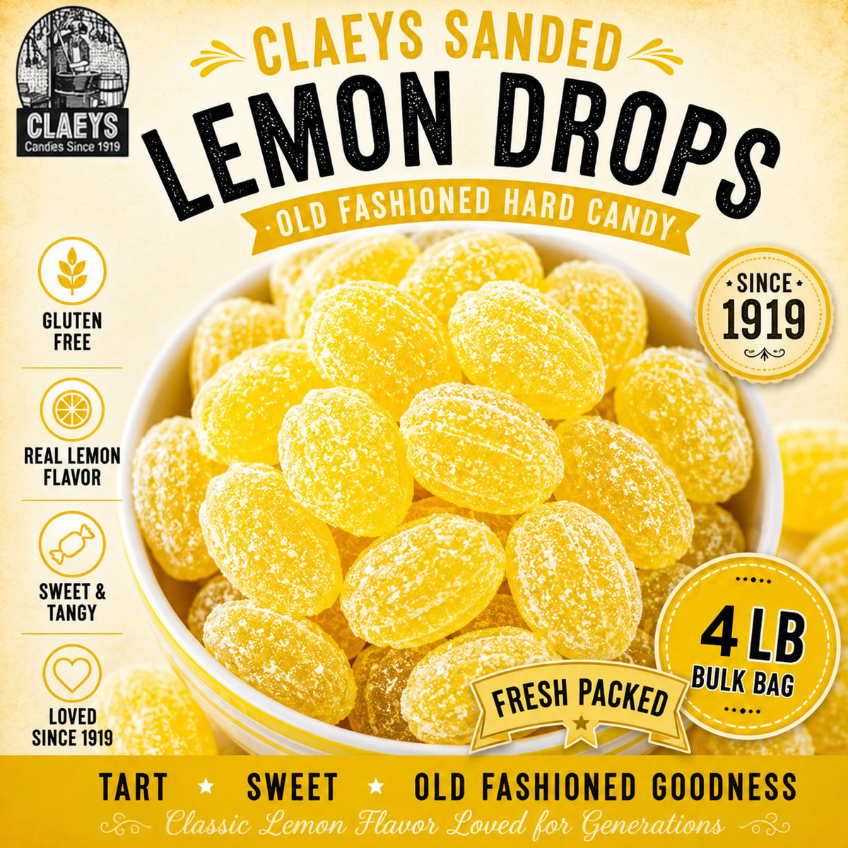 Claeys Sanded Lemon Drops Old Fashioned Hard Candy, 4 lbs