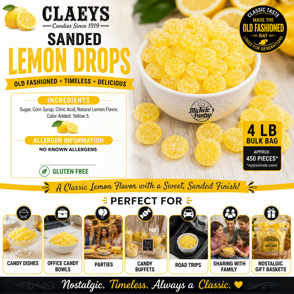 Claeys Sanded Lemon Drops Old Fashioned Hard Candy, 4 lbs