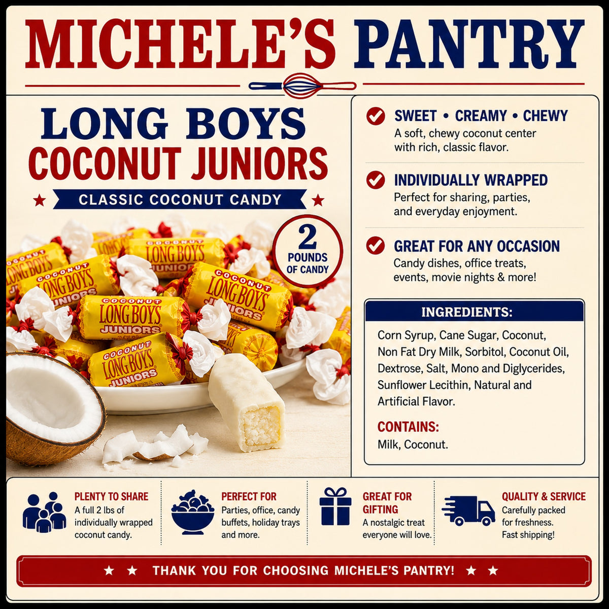 Long Boys Coconut Juniors Coconut Candy 2 lb Bag Individually Wrapped