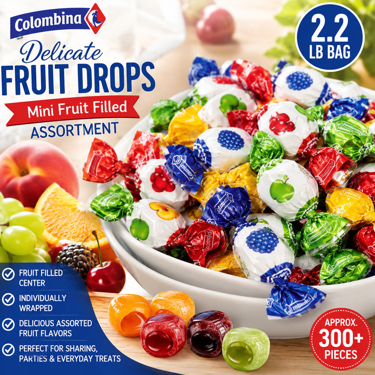 Colombina Delicate Fruit Drops Assorted Fruit Hard Candy, 2.2 lbs