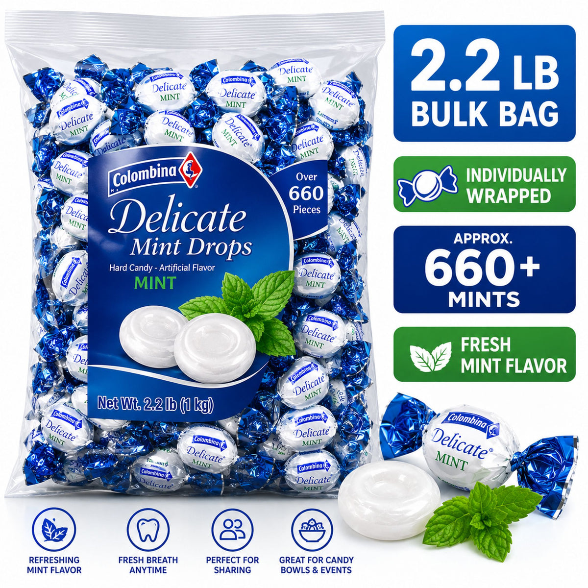 Colombina Delicate Mints Mint Drops Hard Candy- 2.2 Lbs Menta