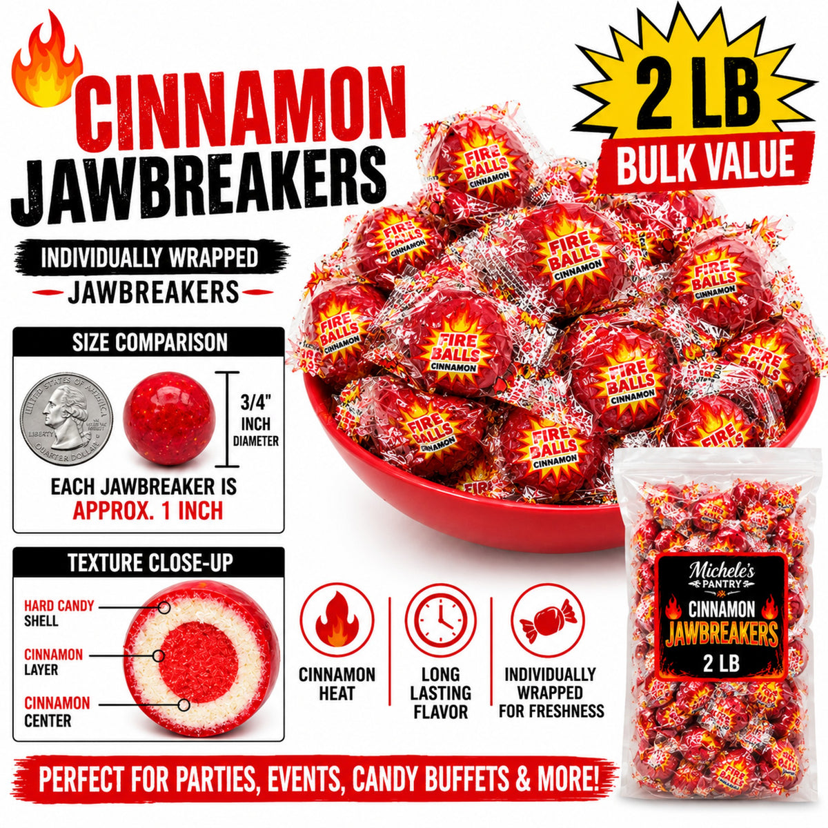 Fire Ball Fire Blaster Cinnamon Jawbreaker Hard Candy, 2 lb Bulk Bag