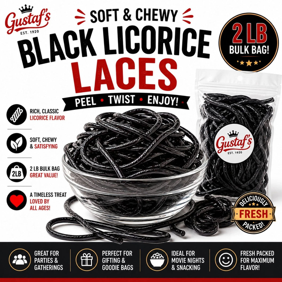 Gustaf's Shoestring Black Licorice Laces, 2 lb Bulk Bag