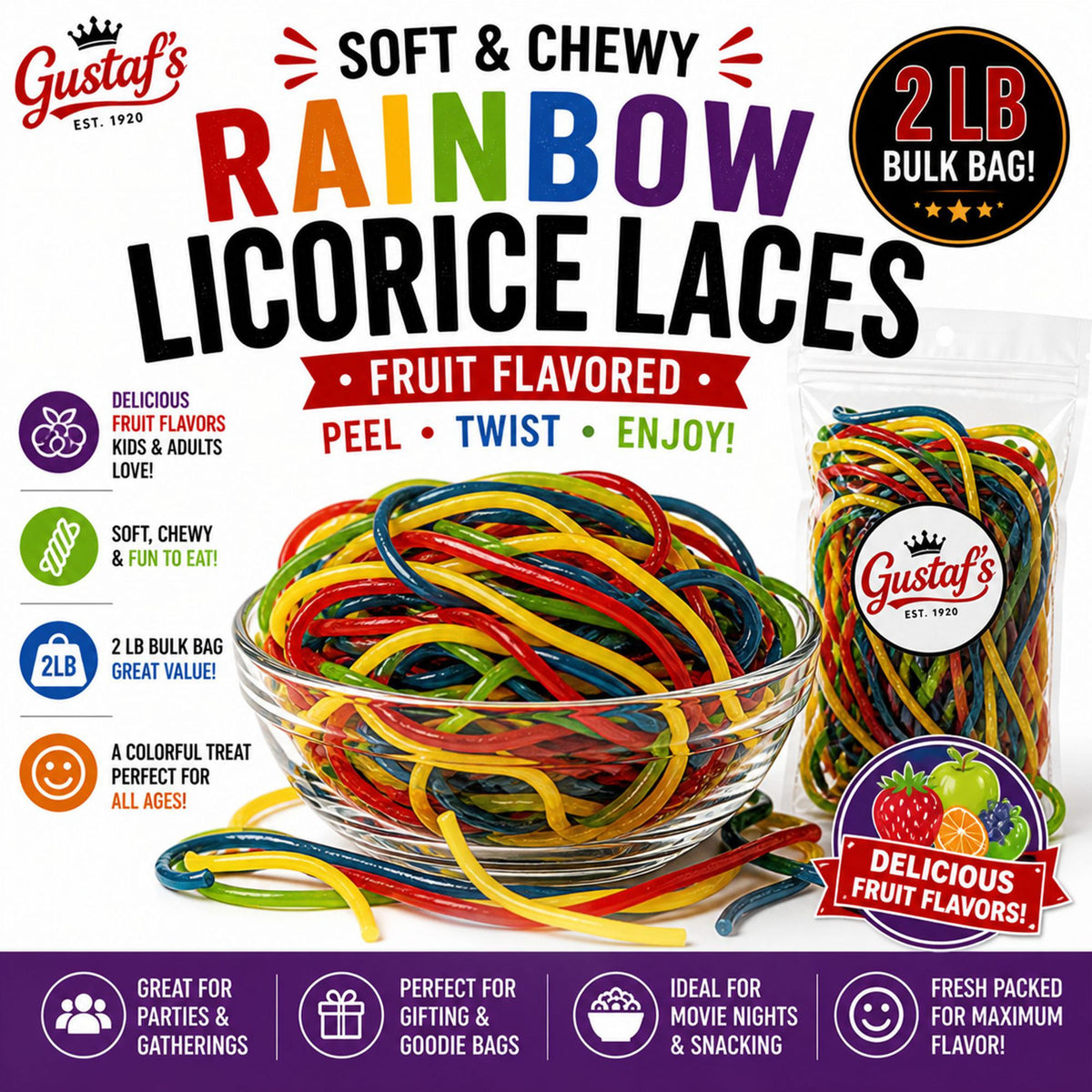 Gustaf's Shoestring Rainbow Licorice Laces  4 lbs. Packed 2/2lb Packs