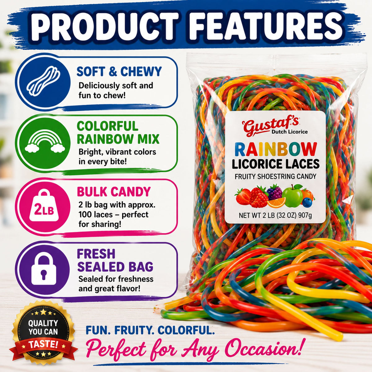 Gustaf's Shoestring Rainbow Licorice Laces  4 lbs. Packed 2/2lb Packs
