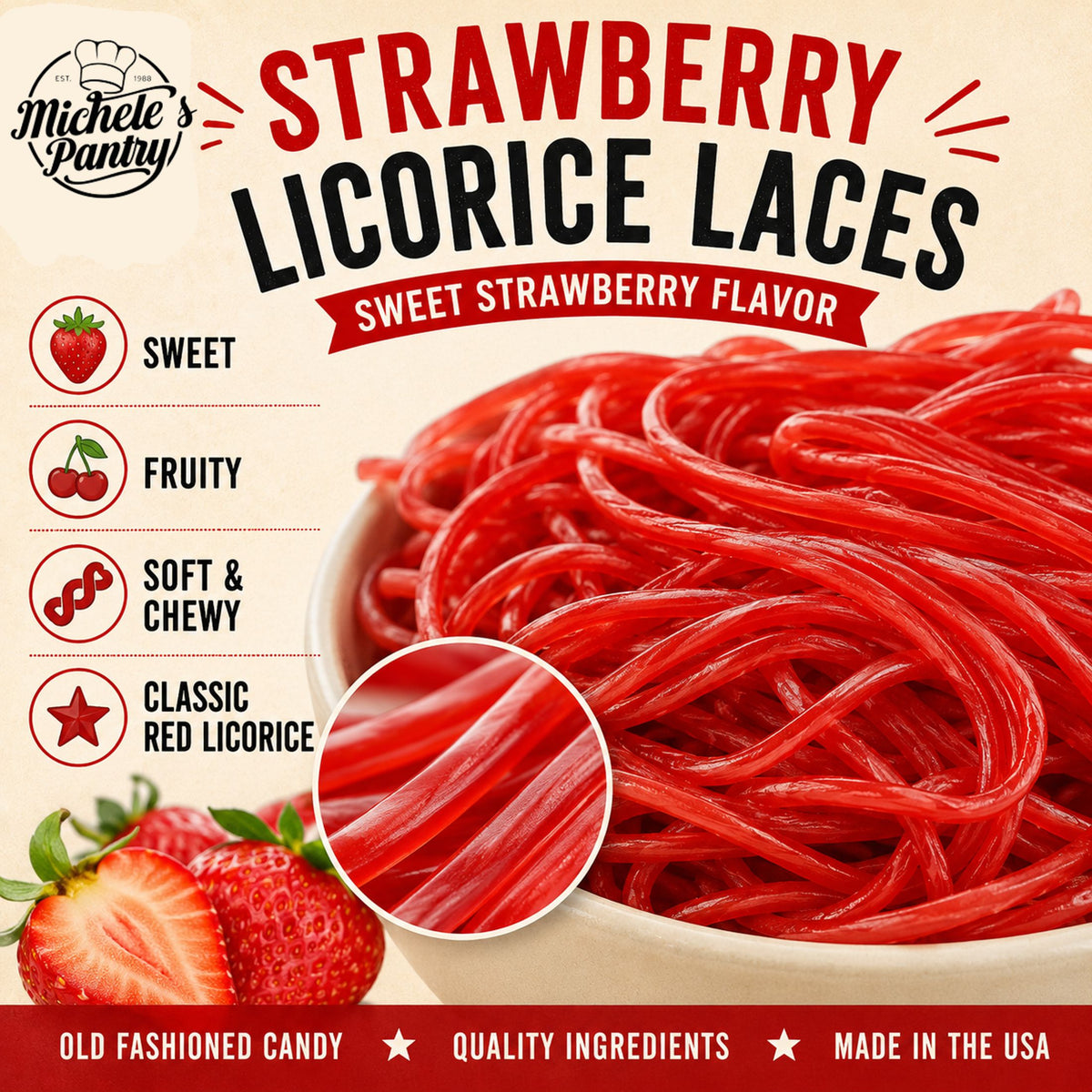 Gustaf's Shoestring Red Strawberry Licorice Laces, 2 lb Bag