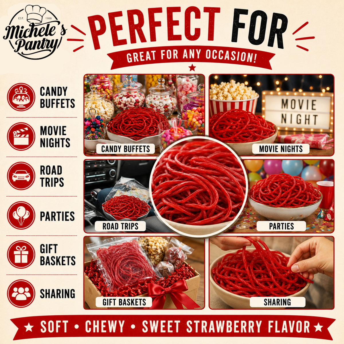 Gustaf's Shoestring Red Strawberry Licorice Laces, 2 lb Bag