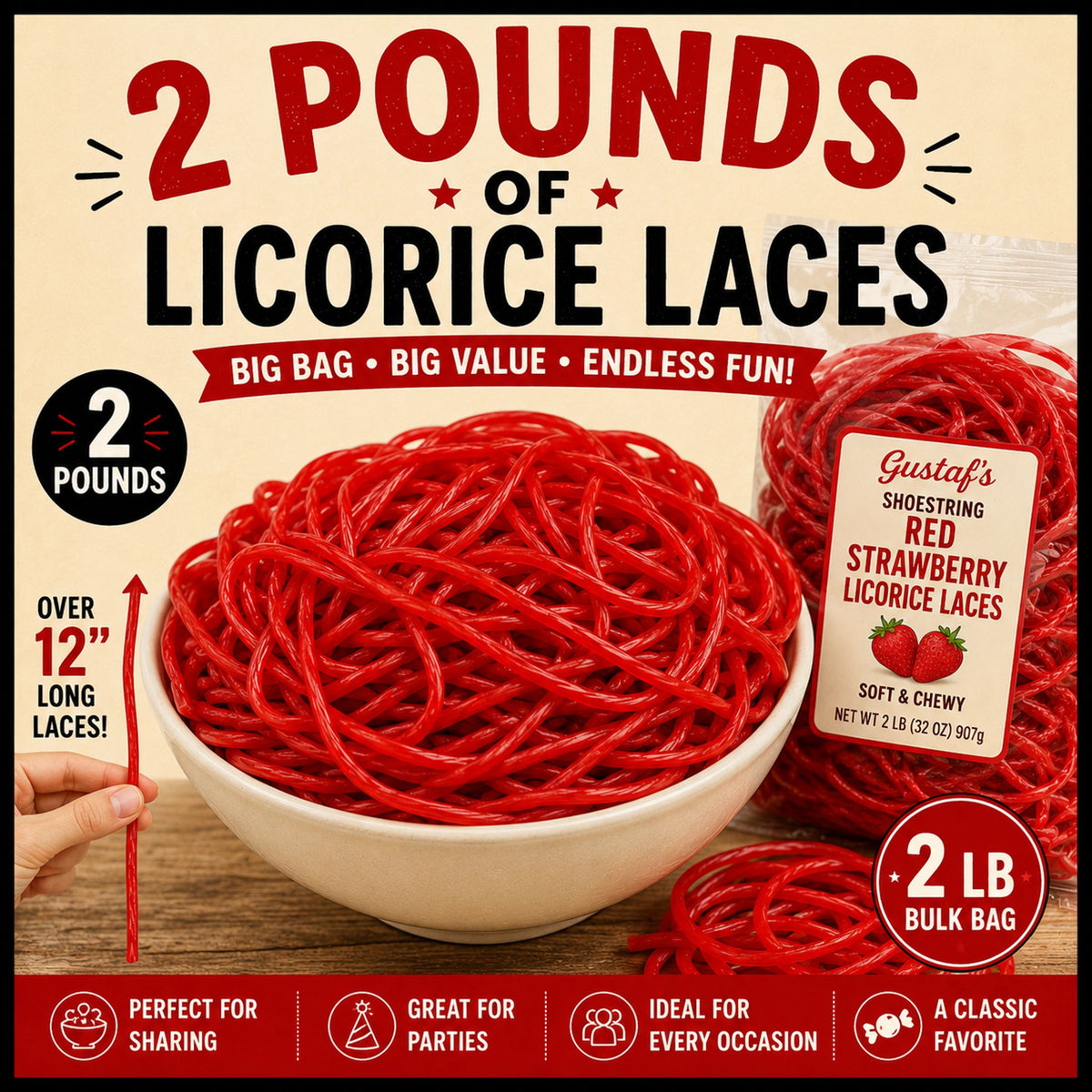 Gustaf's Shoestring Red Strawberry Licorice Laces, 2 lb Bag