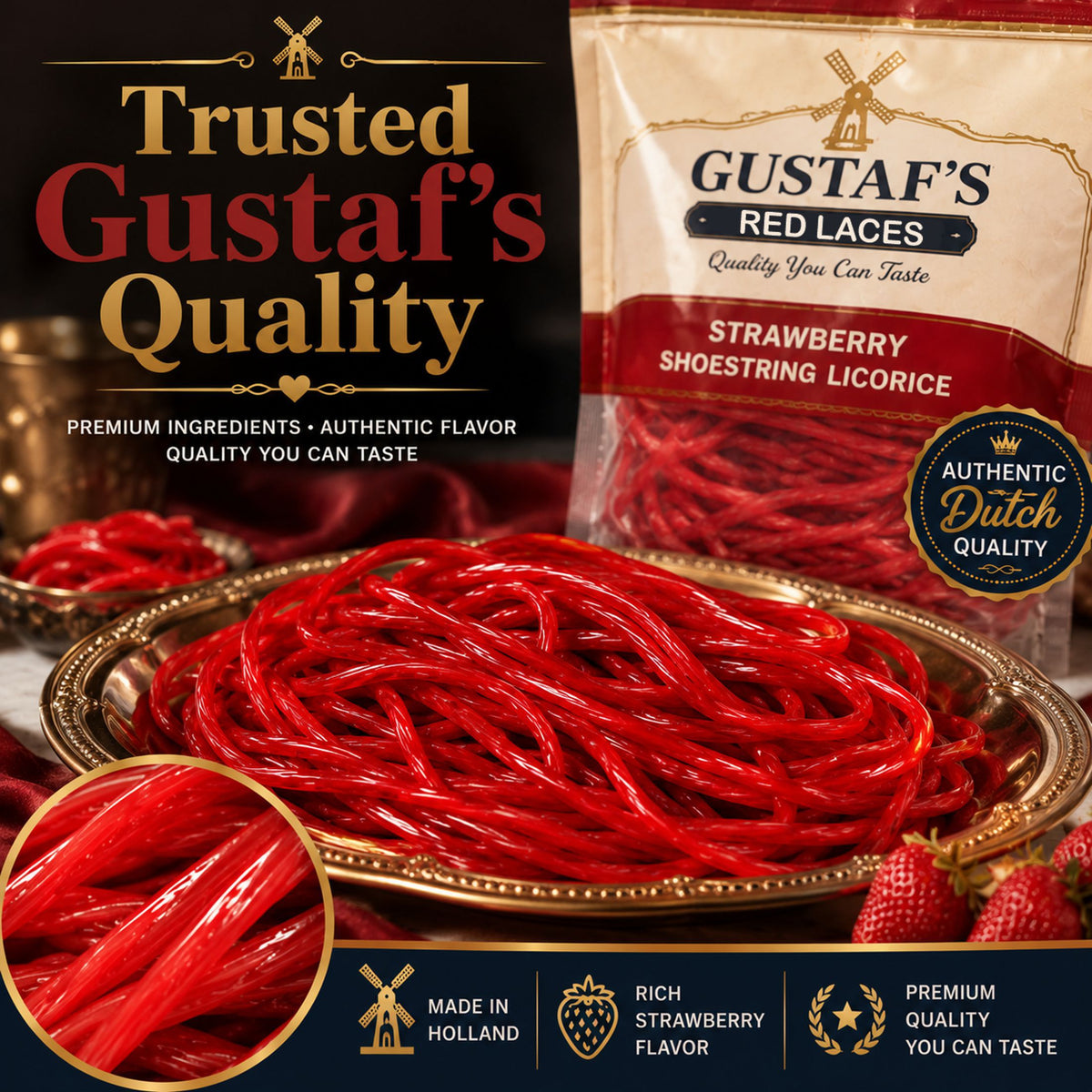 Gustaf's Shoestring Red Strawberry Licorice Laces, 4 lbs (2/2lb. Packs) Factory Sealed