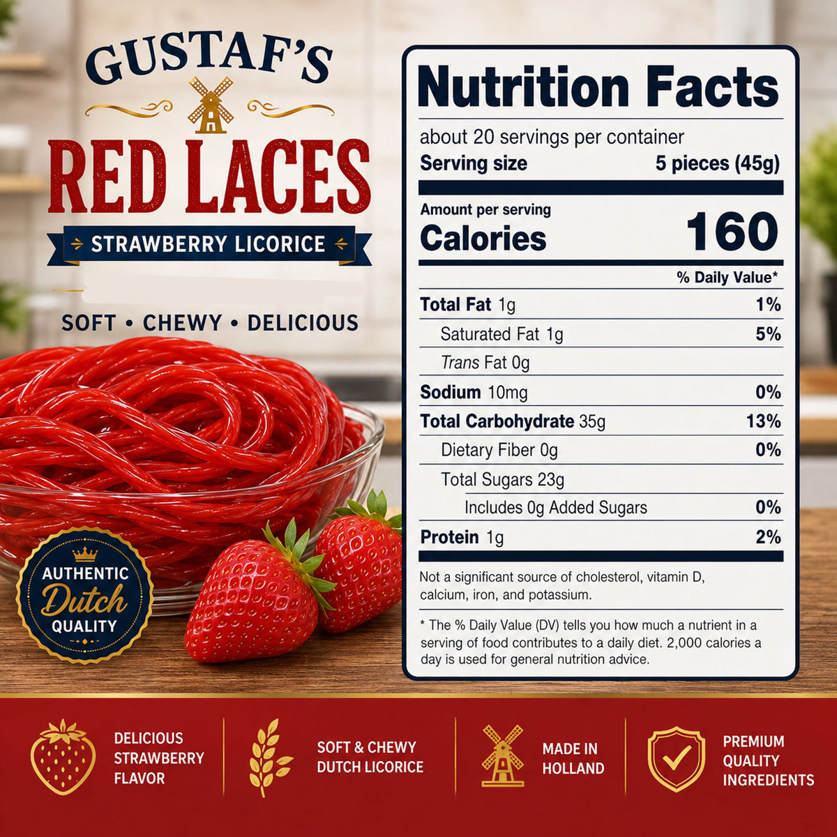 Gustaf's Shoestring Red Strawberry Licorice Laces, 2 lb Bag