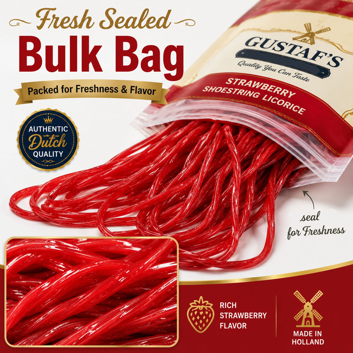 Gustaf's Shoestring Red Strawberry Licorice Laces, 2 lb Bag