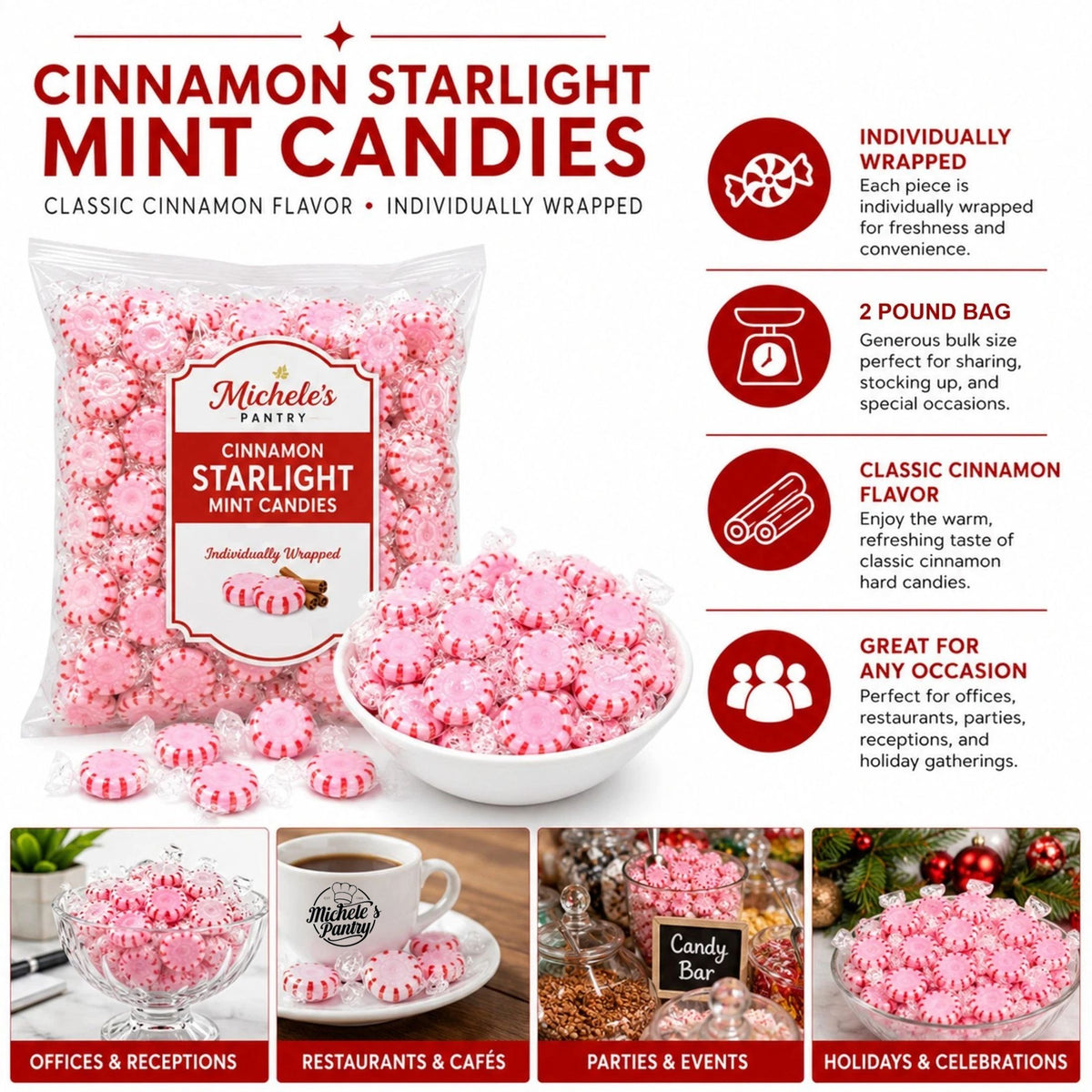Michele's Pantry Wrapped Cinnamon Starlight Mint Candies 4 lbs