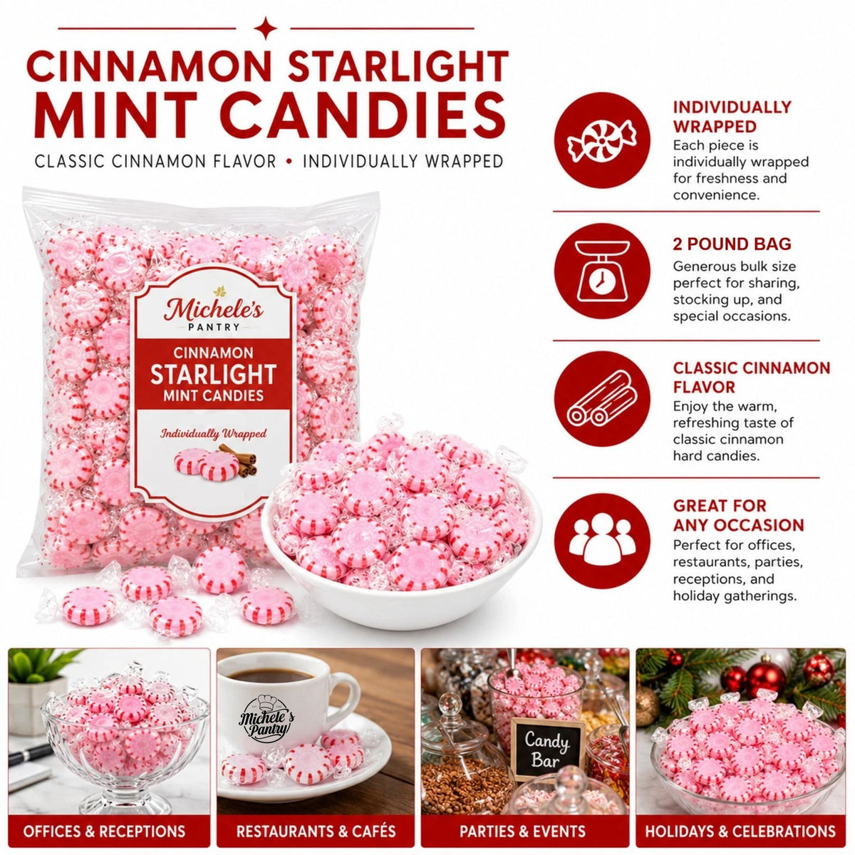 Michele's Pantry Wrapped Cinnamon Starlight Mint Candies 4 lbs