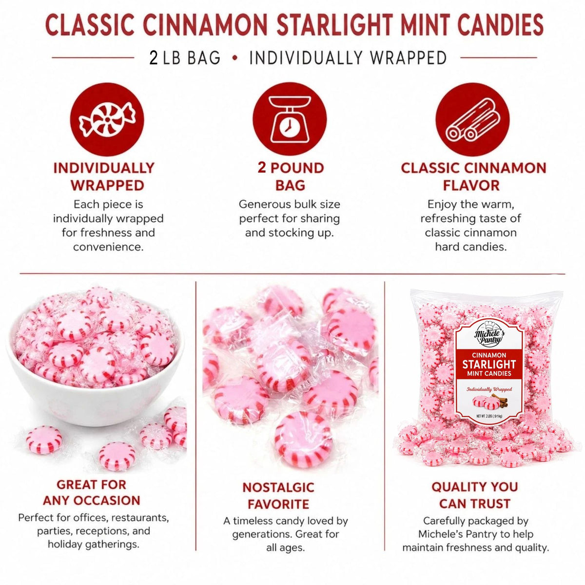 Michele's Pantry Wrapped Cinnamon Starlight Mint Candies 4 lbs