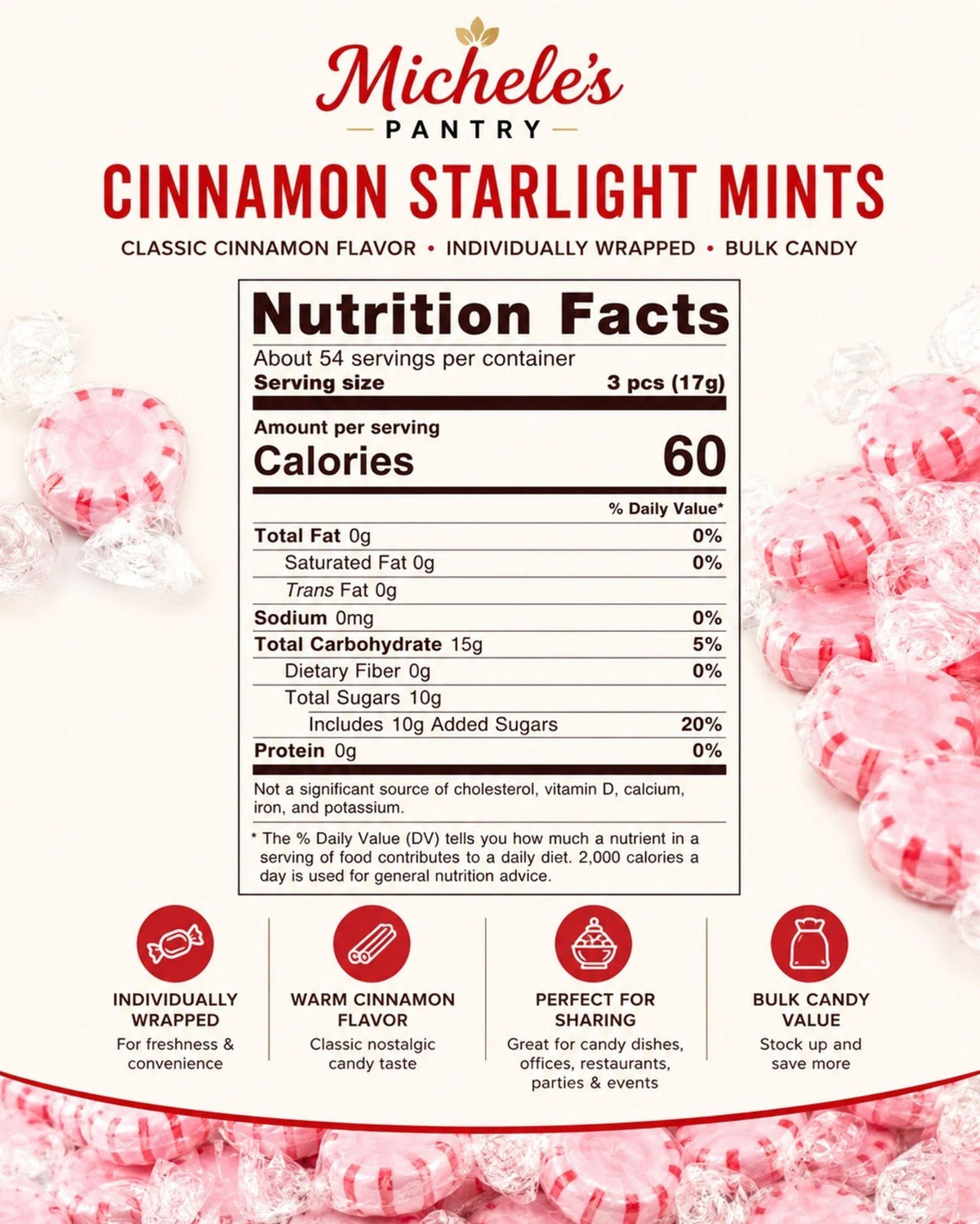 Michele's Pantry Wrapped Cinnamon Starlight Mint Candies 4 lbs