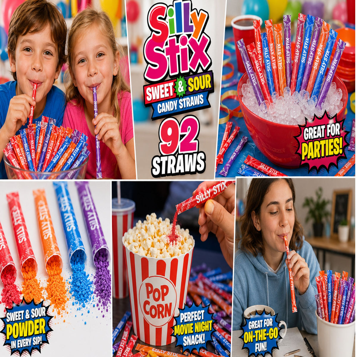 Assorted Silly Stix Straws (92 Count) – Colorful Candy Drink Stirs
