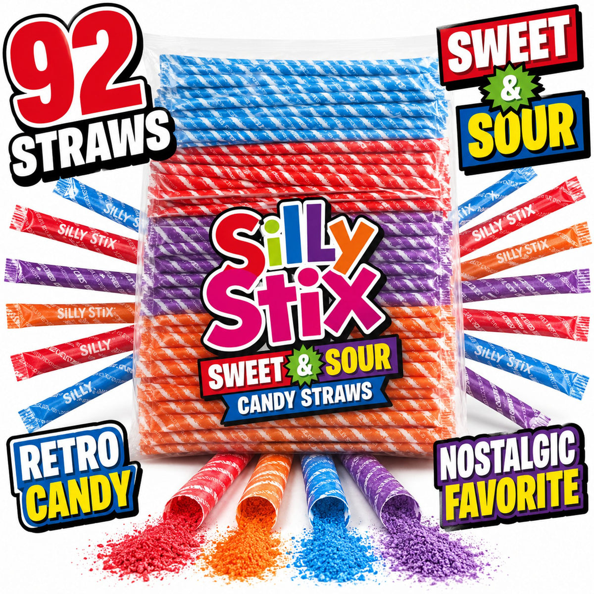 A pack of Silly Stix Sweet & Sour candy straws with colorful spiral straws in blue, red, orange, purple, and pink, displayed with candy sprinkles spilled at the base and promotional text badges around the package.