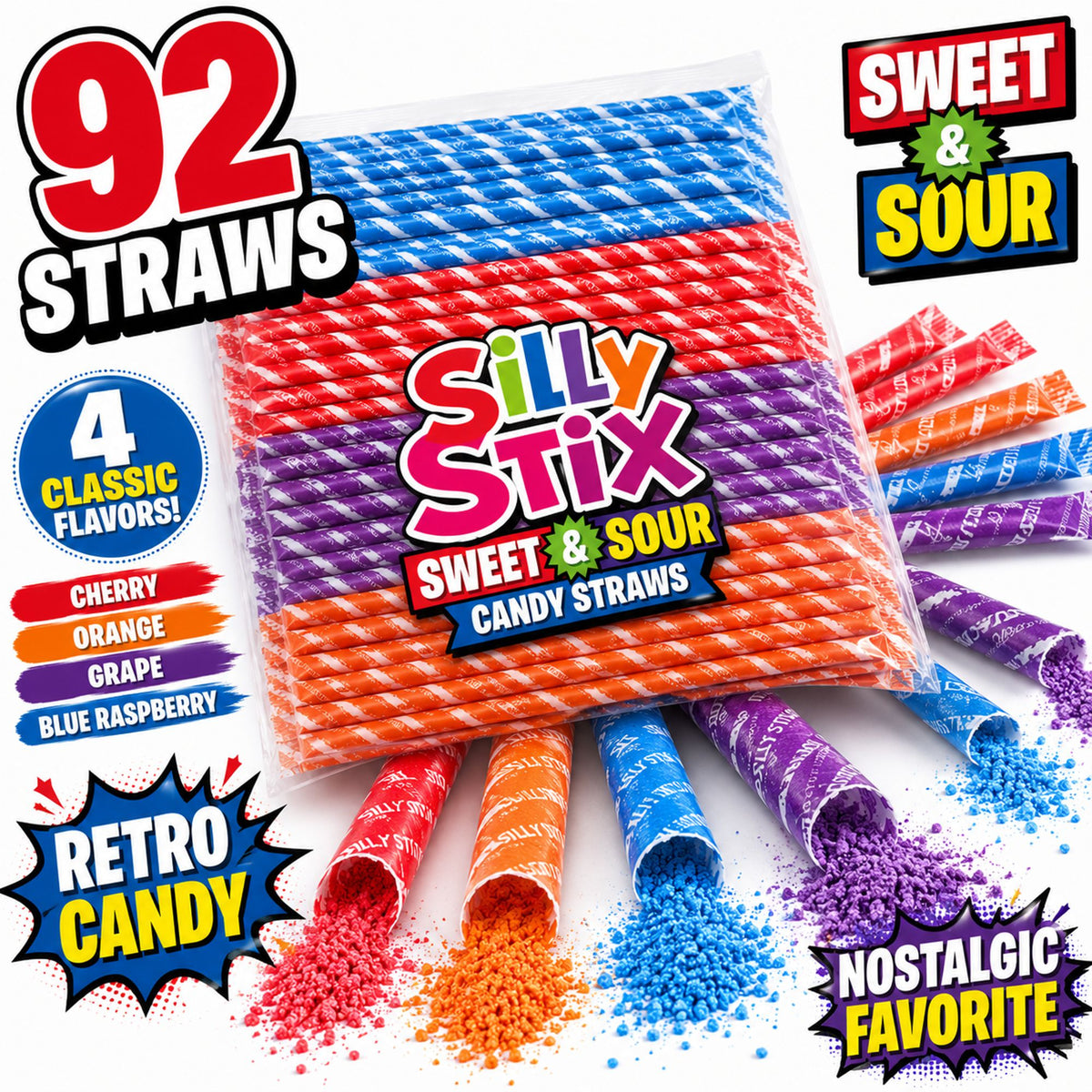 A package of Silly Stix Sweet & Sour candy straws shown on a white background with several colorful straws spilled out. Large text reads '92 STRAWS' and 'SILLY STIX SWEET & SOUR CANDY STRAWS,' with flavor callouts including cherry, orange, grape, and blue raspberry, plus 'Sweet & Sour' and 'Retro Candy' graphics.