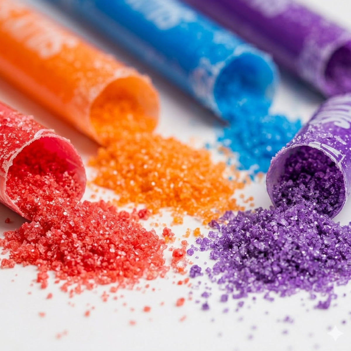 Several colorful plastic tubes tipped over on a white surface, spilling glittery sugar or coarse candy in bright red, orange, blue, and purple colors.