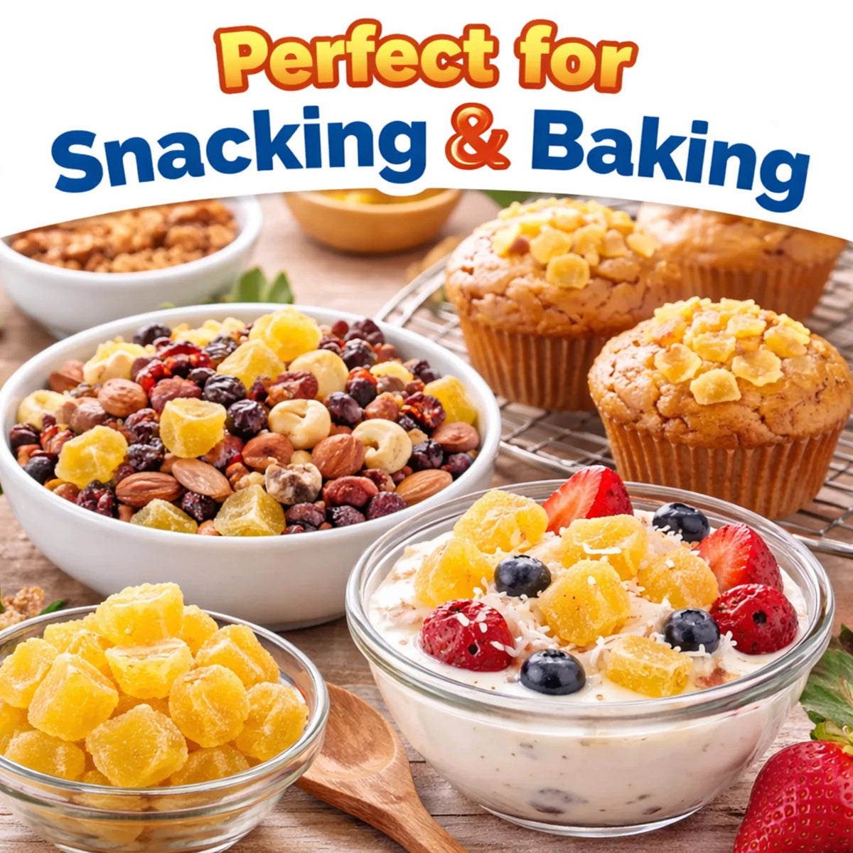 Sun-dried pineapple chunks for snacking and baking