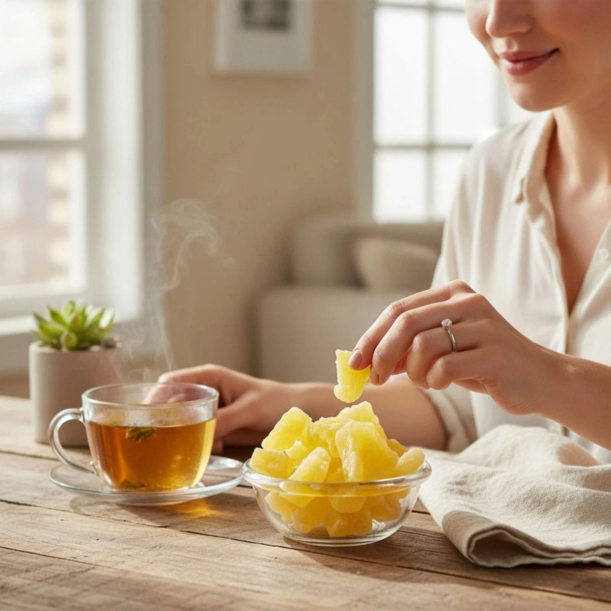 Bowl of sweetened sun-dried pineapple chunks